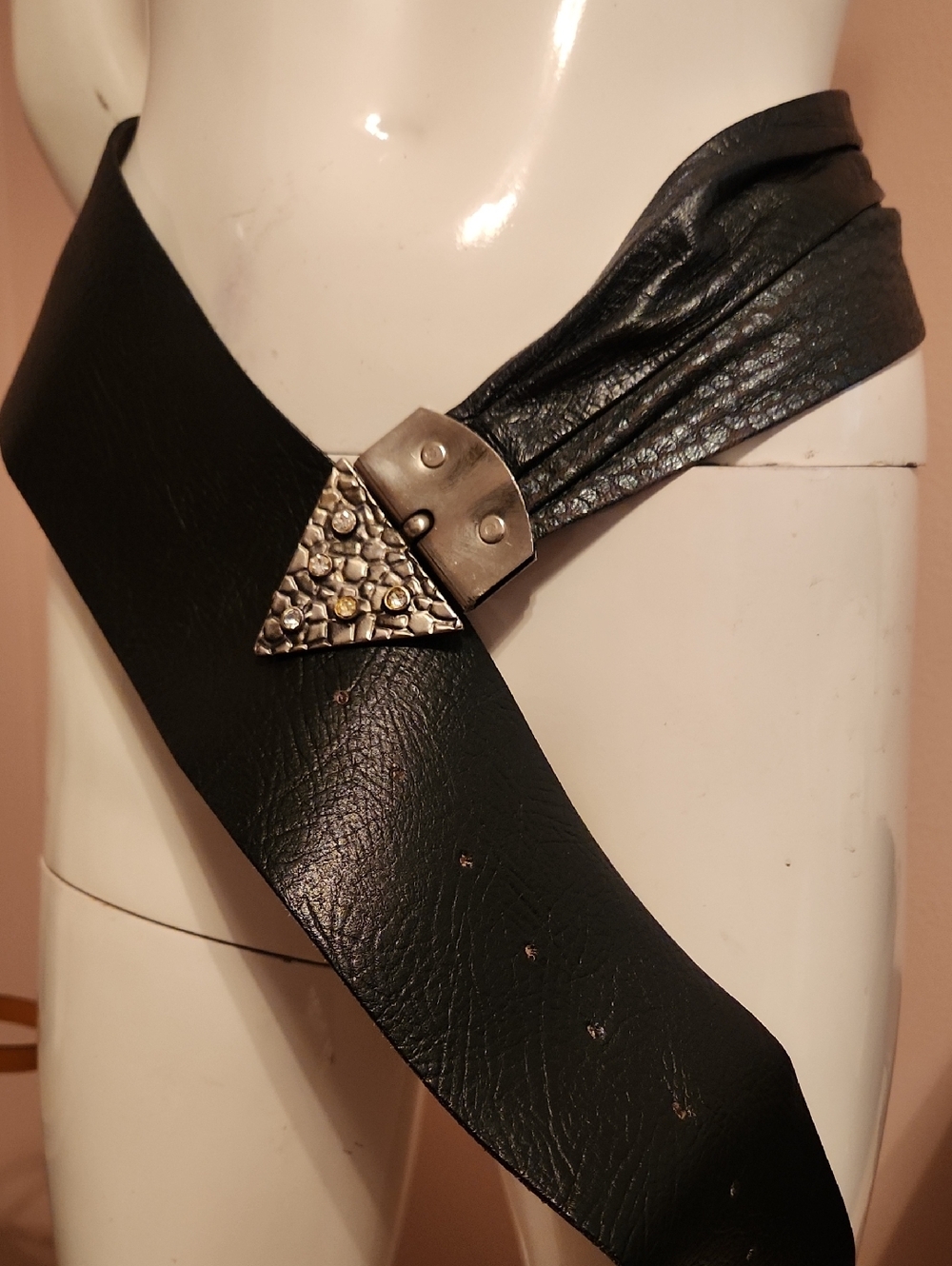 Suzi Roher Vintage Black & pewter Leather Belt Swarovski